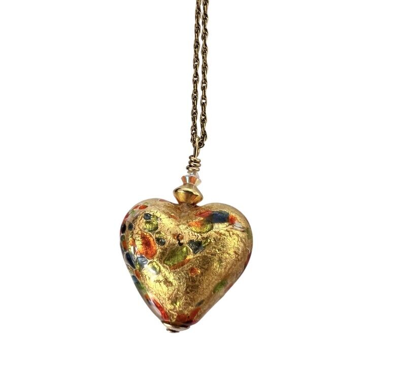 Gold Murano Glass Cluseau Heart Necklace