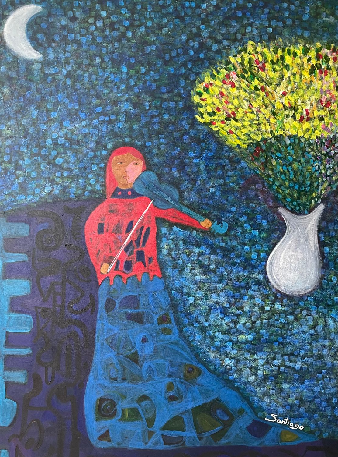 Lauren&#39;s Blue Violin with Spring Moon/ Dark Green Background