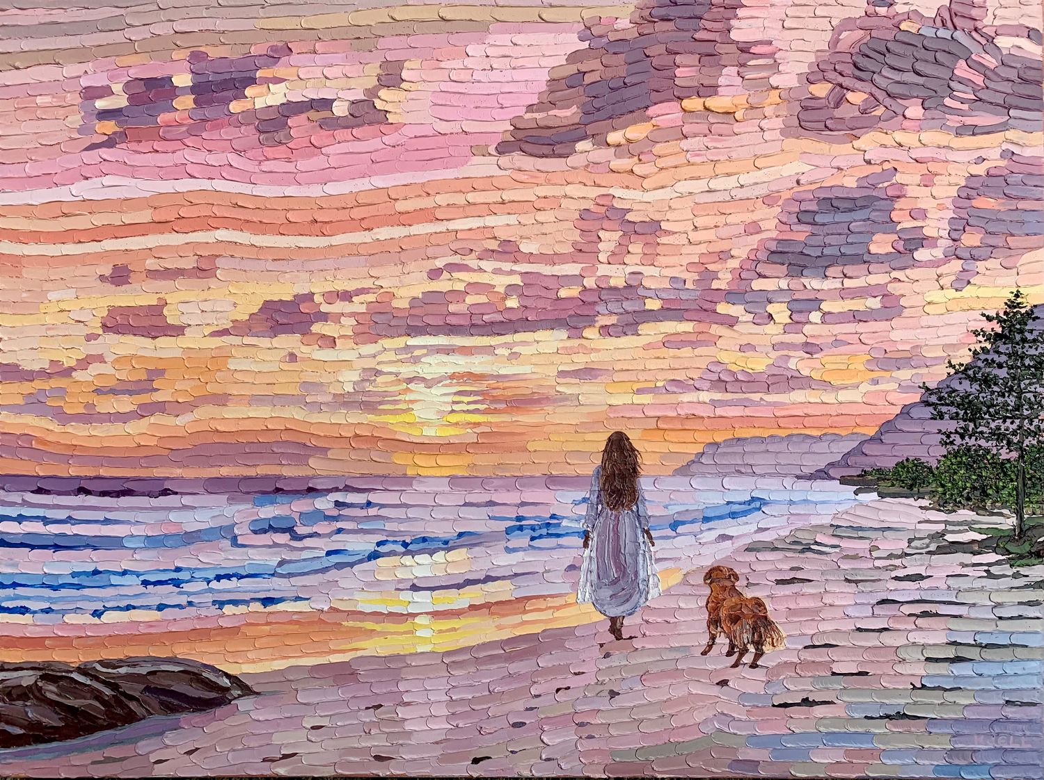 (SOLD)Woman with dog on beach at sunrise walking