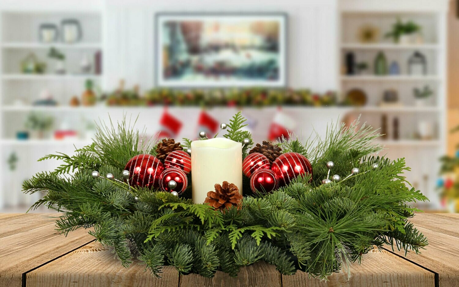 Centerpiece - Live Mixed Evergreen with LED Candle Centerpiece - Live Mixed Evergreen with LED Candle