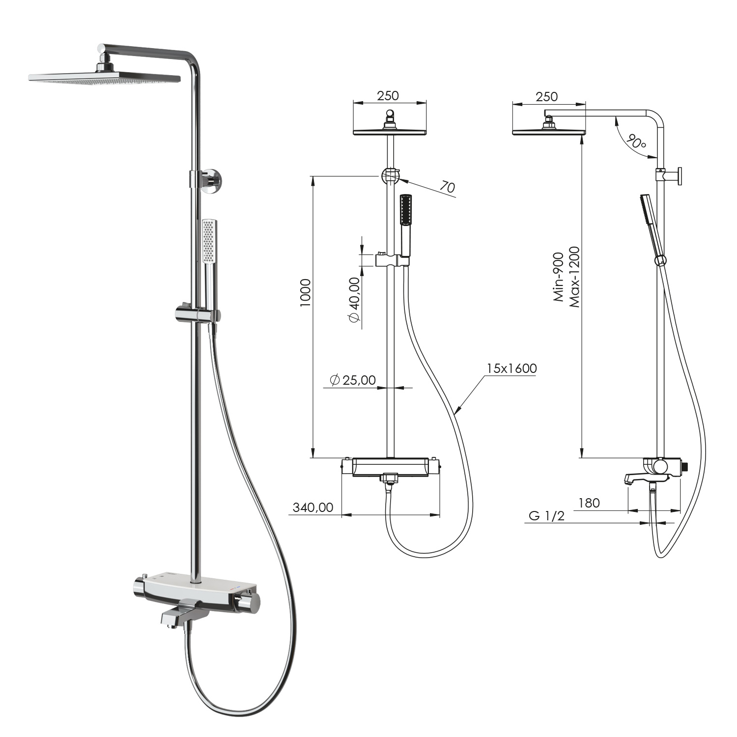 TESKA MIRA THERMOSTATIC 3 WAY SHOWER SET - BLACK -