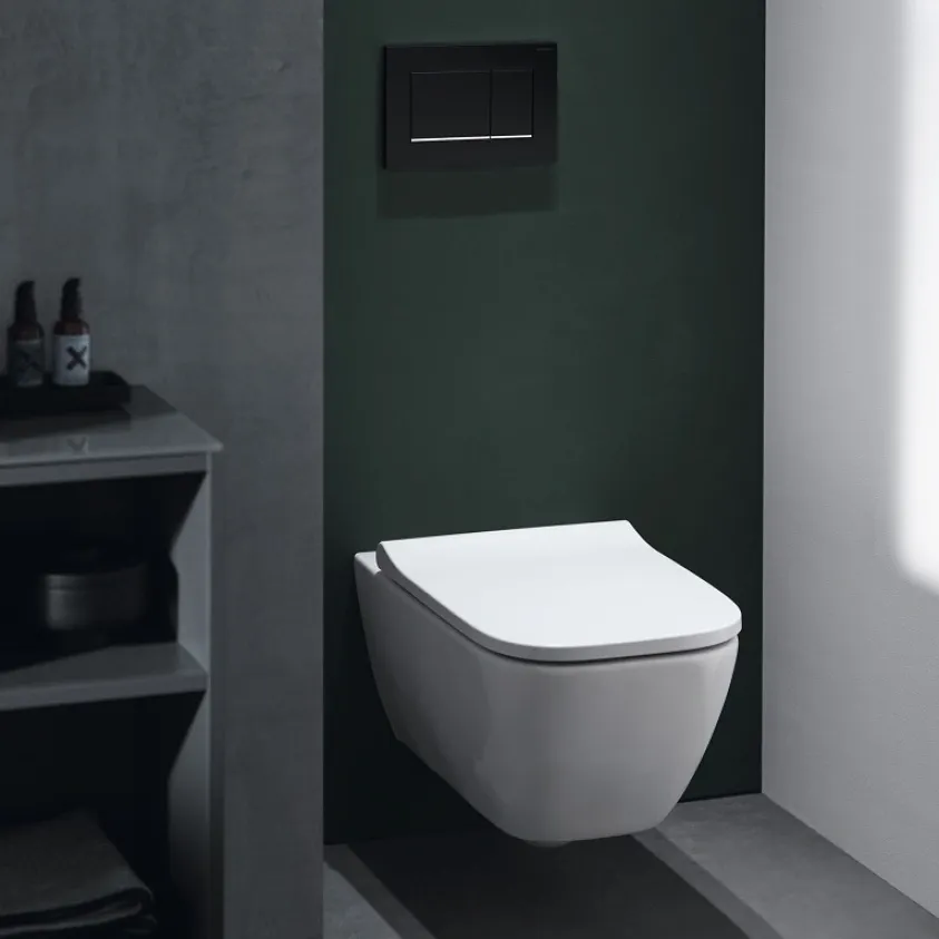 Geberit Smyle set of wall-hung WC, square, shrouded, Rimfree, with WC seat, overlapping lid