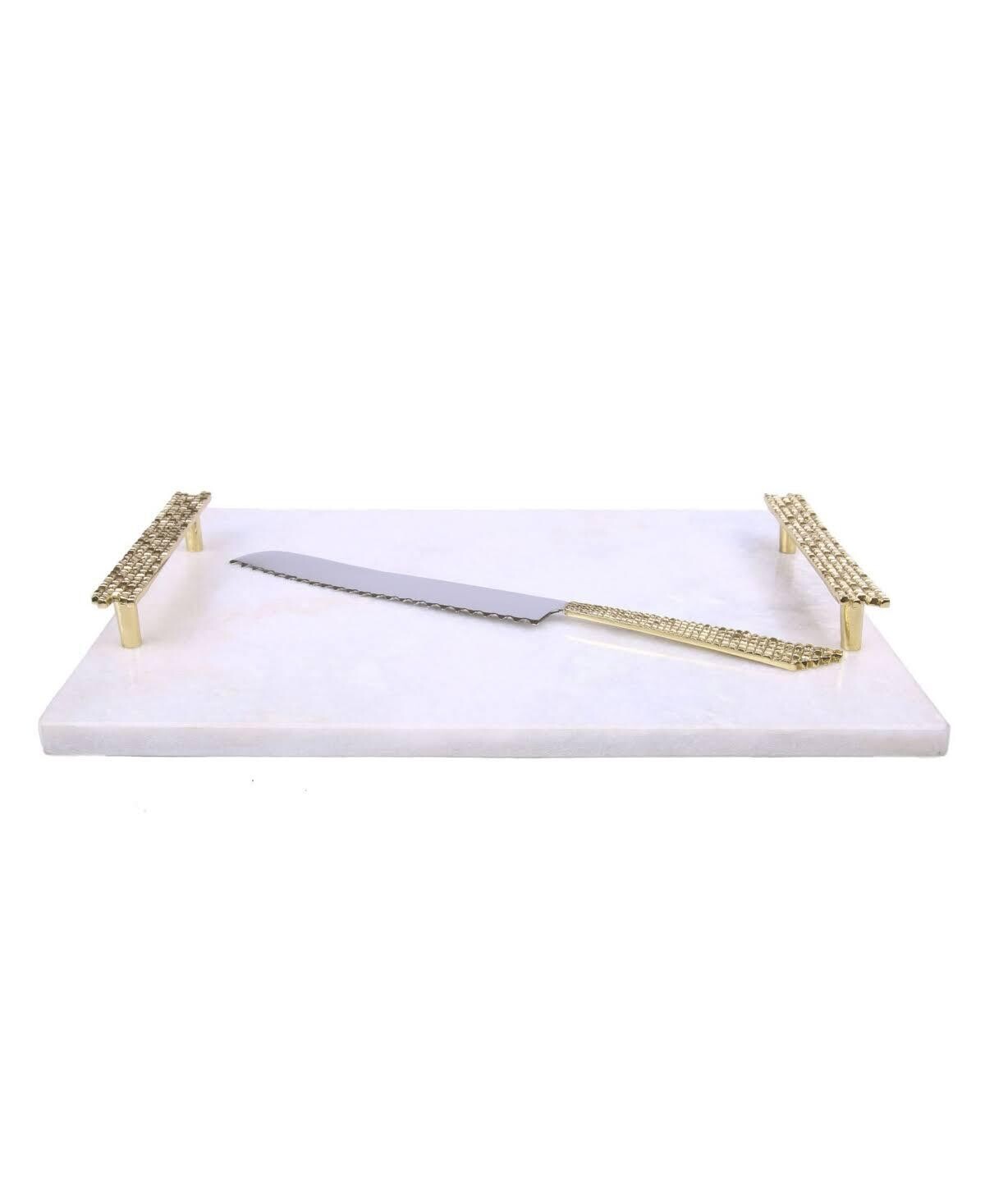 Challah Board White Marble Gold Mosaic Handle Plus Knife