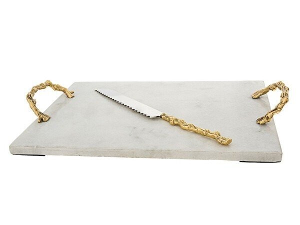 Challah Board White Marble Gold Branch Handle Plus Knife