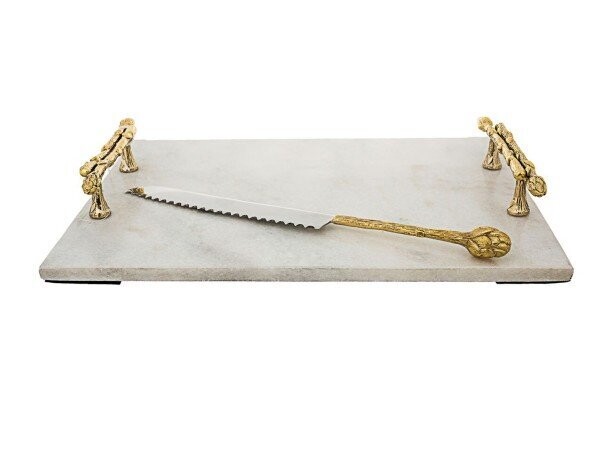 Challah Board White Marble Gold Asparagus Handle Plus Knife