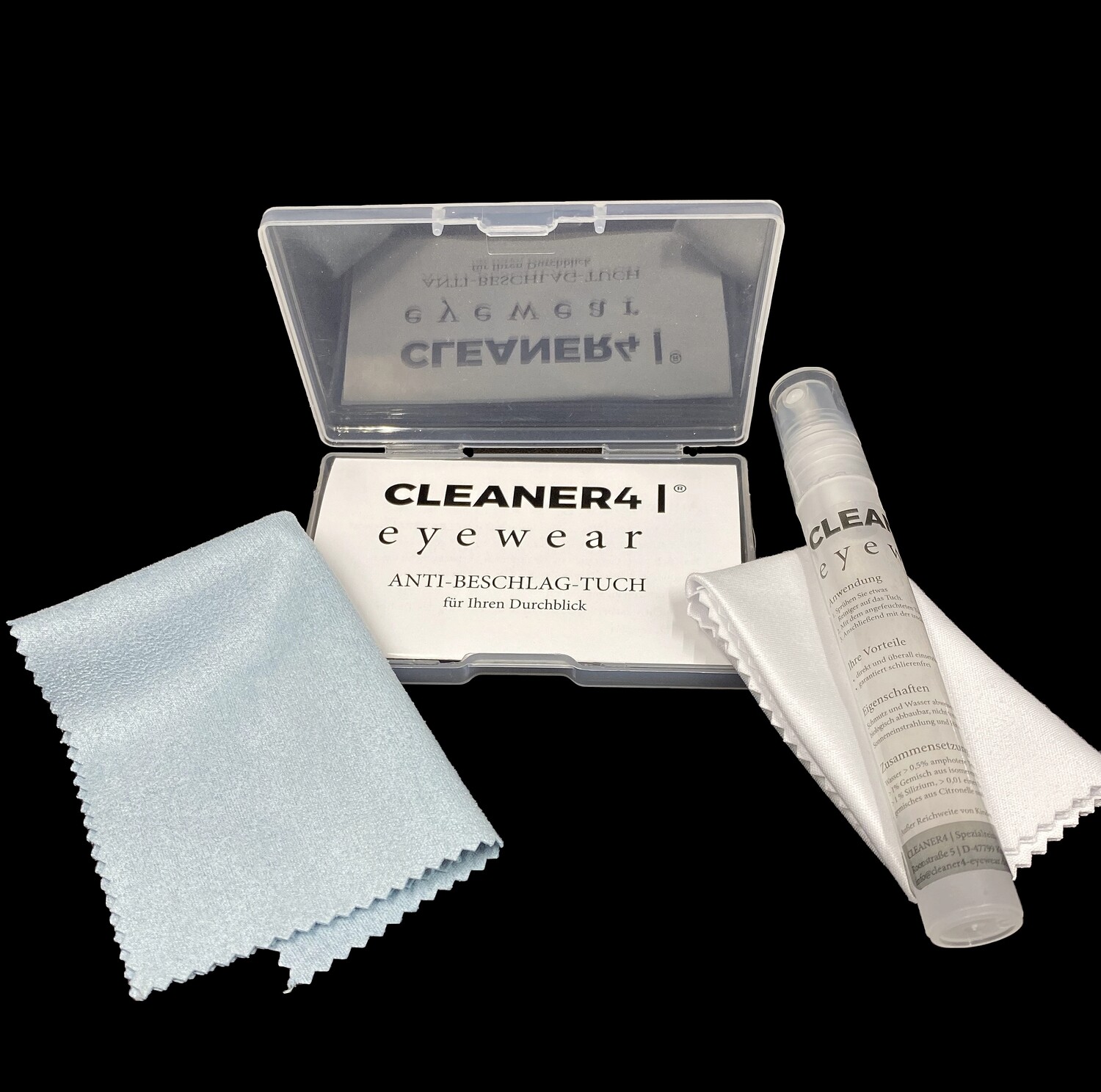 ANTI-BESCHLAG-TUCH und CLEANER4 | eyewear 10 ml Brillenreiniger mit Brillenputztuch.