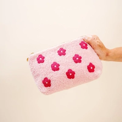Pink Floral Zippered Teddy Pouch 