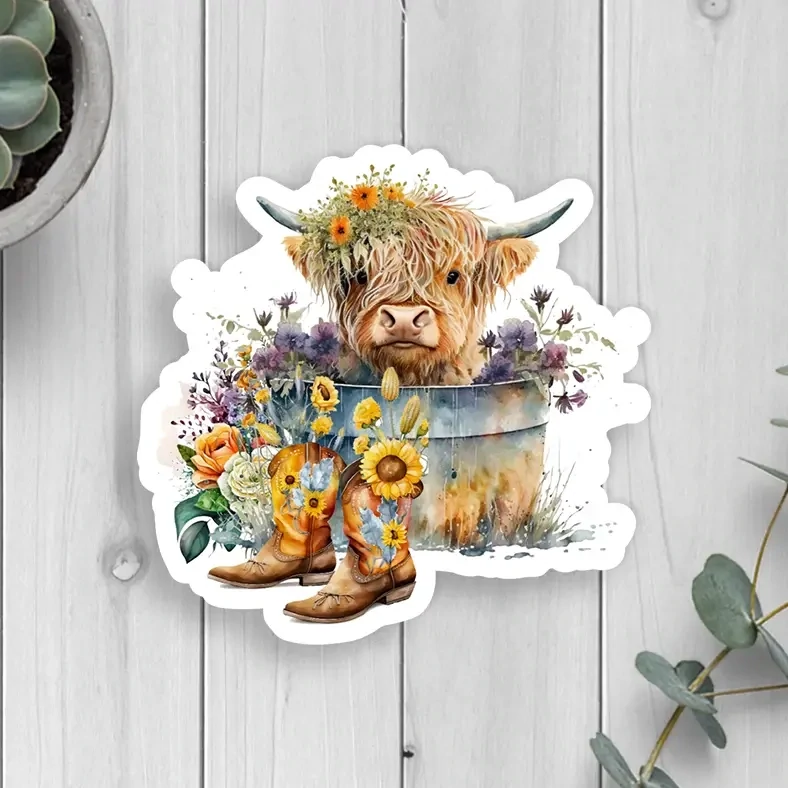Highland Cow In Bucket Vinyl Sticker