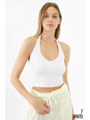 NB White Ribbed Halter Crop Top
