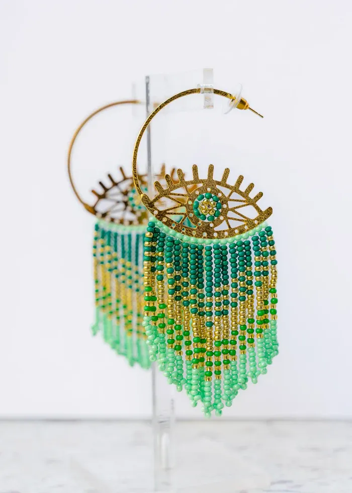 PRIA Fringed Eyes Hoops Green Earrings