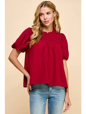 TCEC Keyhole Smocked Top Crimson