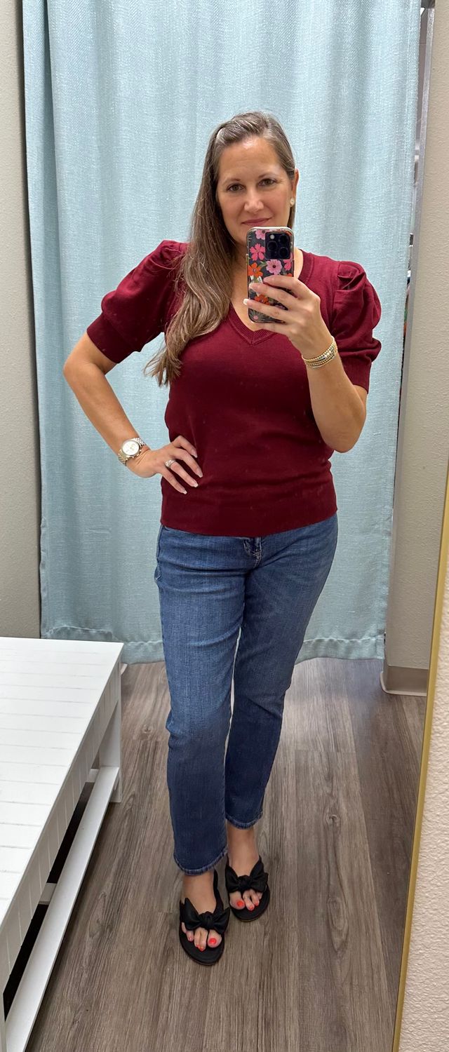 Vine &amp; Love Chloe Puff Knit Sweater Burgundy