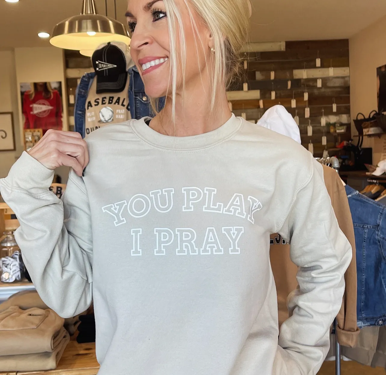 You Play I Pray Tan sweatshirt