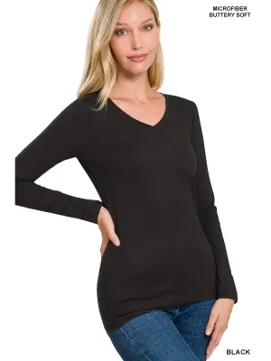 Zenana Microfiber Long Sleeve V-neck Tee