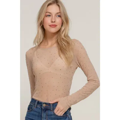 Khaki L/S  Mesh w/Rhinestone Top