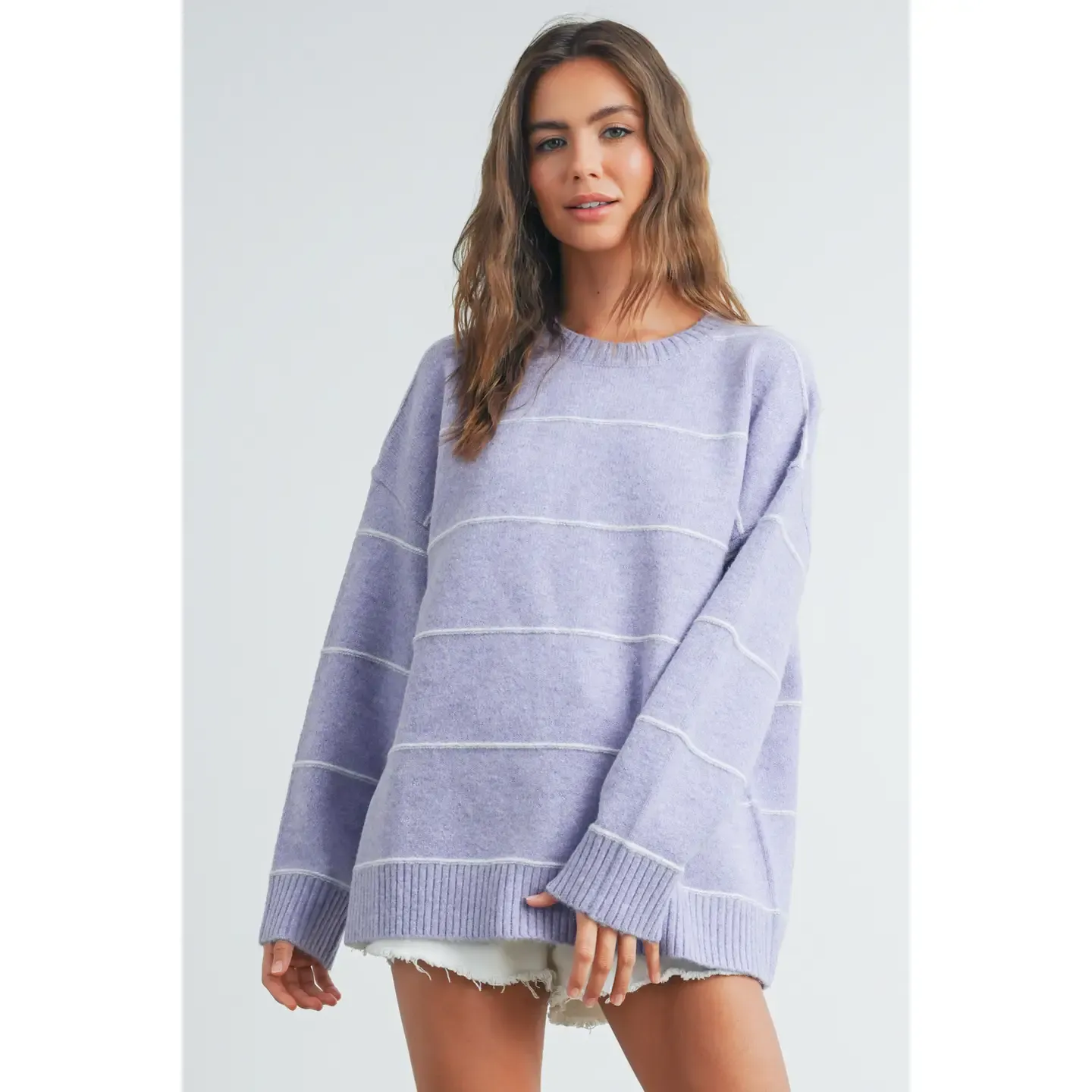 Lavender Striped Drop Shoulder Sweater