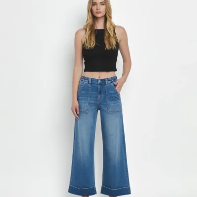 Vervet Enviably High Rise Wide Leg Cuffed Jeans