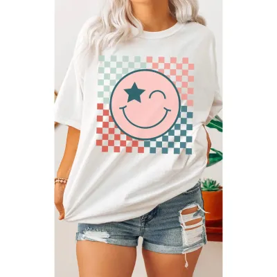 Checkerboard Star Smiley Oversized T-shirt