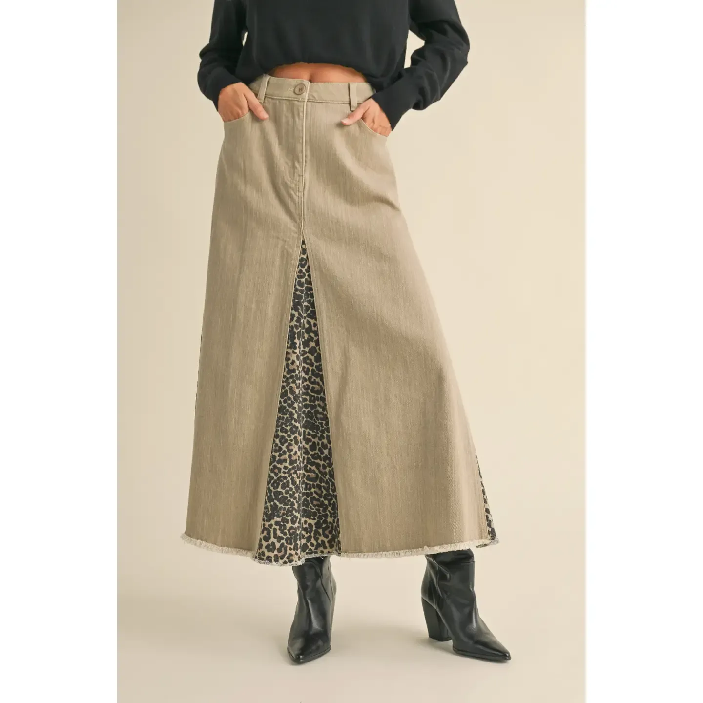 Miou Muse Leopard Print Paneled Denim Skirt