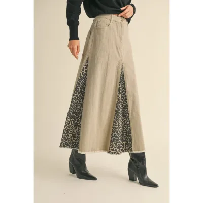 Miou Muse Leopard Print Paneled Denim Skirt