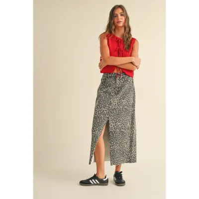 Miou Muse Leopard Print Slit Front Skirt