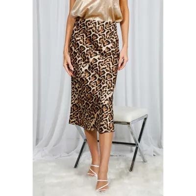 Vine &amp; Love Lexi Leopard Satin Skirt-Brown