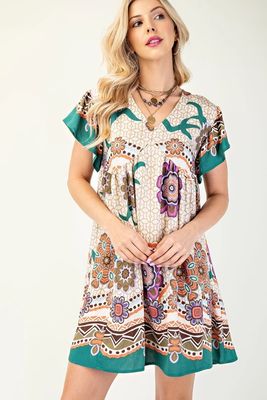 Iris Printed V-neck Short Sleeve Mini Dress-Beige