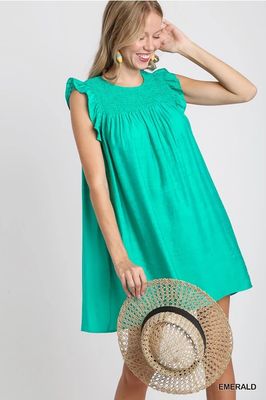 Naomi Smocked Ruffle Sleeve Dress- Emerald 