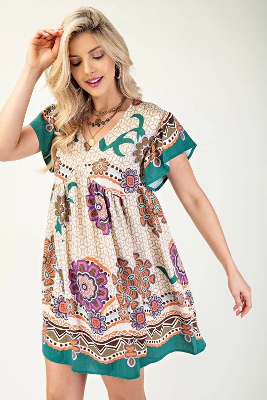 Iris Printed V-neck Short Sleeve Mini Dress-Beige