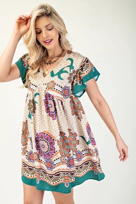 Iris Printed V-neck Short Sleeve Mini Dress-Beige