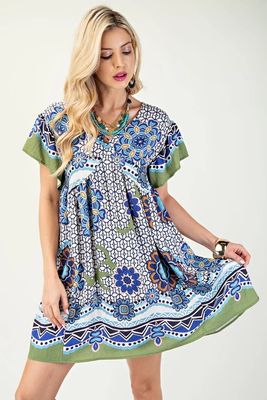 Iris Printed V-neck Short Sleeve Mini Dress-Navy