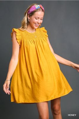 Naomi Smocked Ruffle Sleeve Dress- Honey