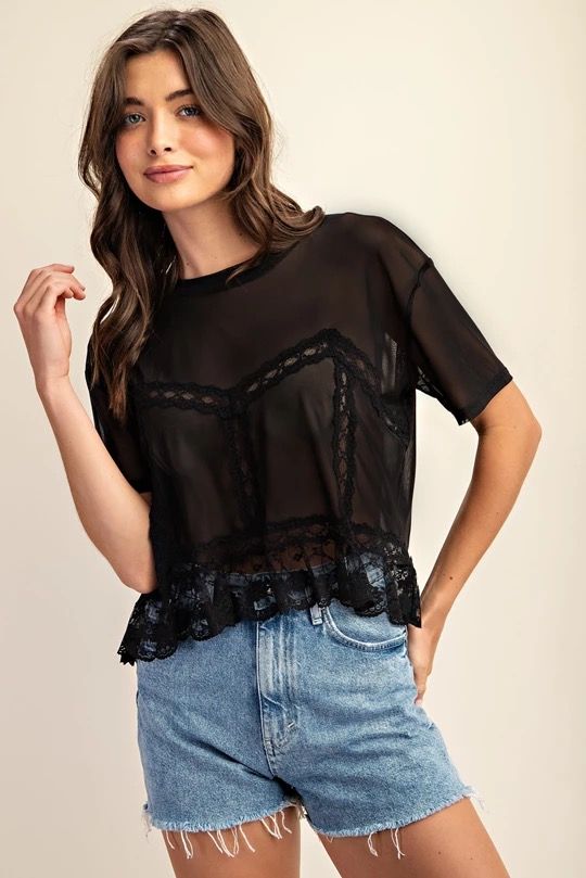 Archer Sheer Lace Short Sleeve Top-Black