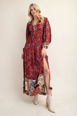 Aria Marsala Mixed Print Maxi Dress