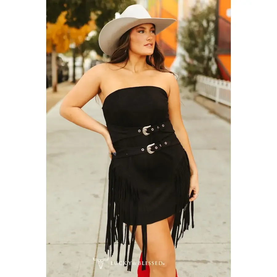 L&amp;B Sadie Black Suede Belted Dress