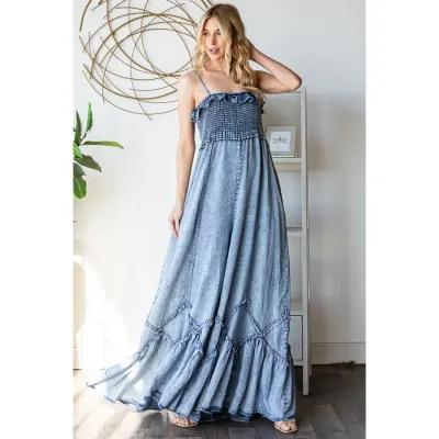 Oli&amp;Hali Washed Denim Smocked Jumpsuit