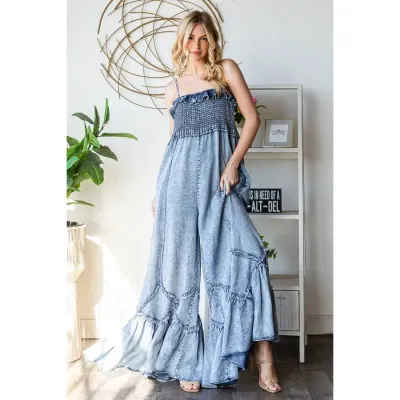 Oli&amp;Hali Washed Denim Smocked Jumpsuit