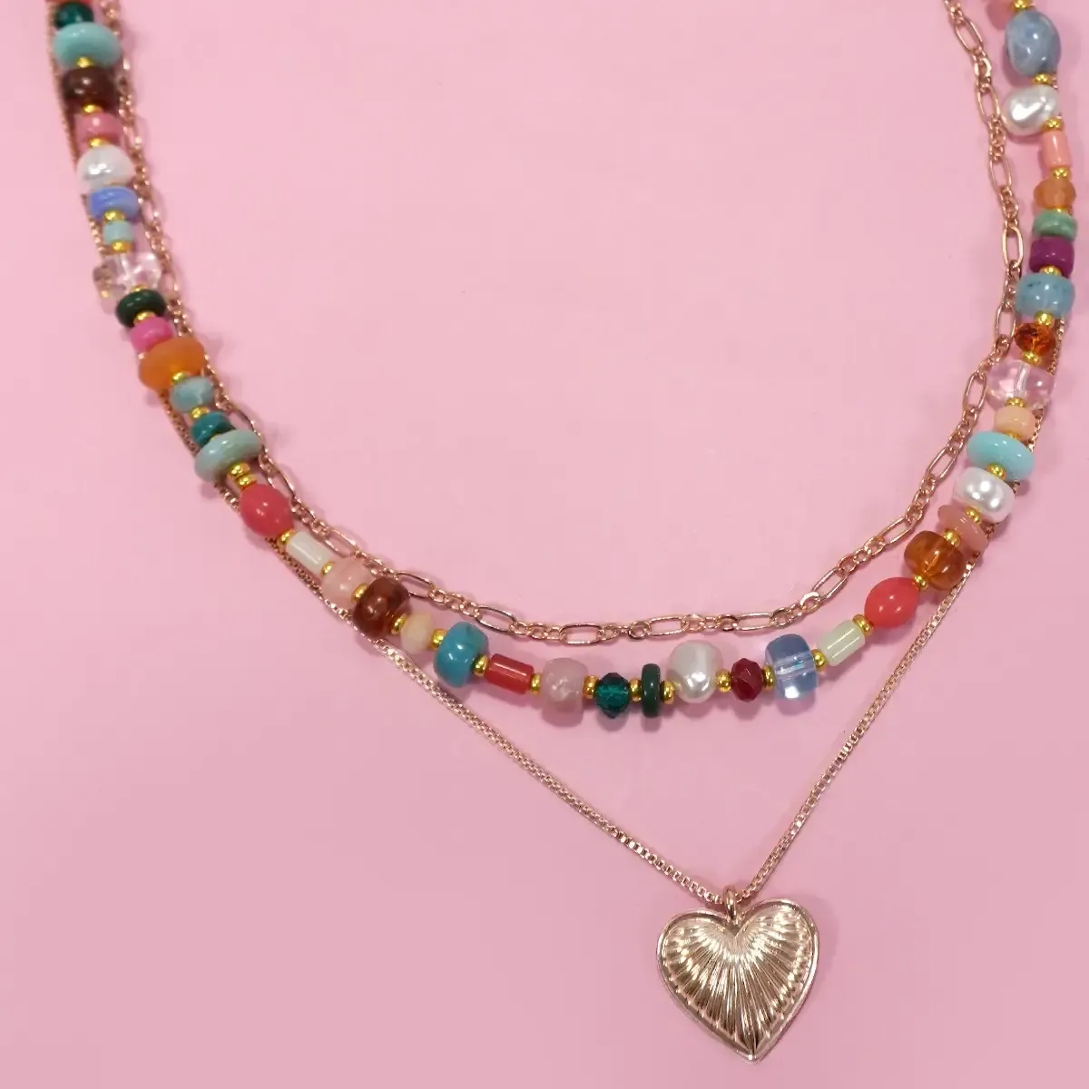 JOSSLYN Multi Layered Beaded Heart Necklace-2