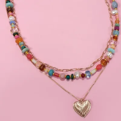 JOSSLYN Multi Layered Beaded Heart Necklace-2