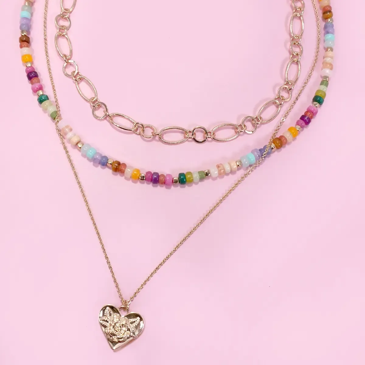 JOSSLYN Multi Layered Beaded Heart Necklace-1