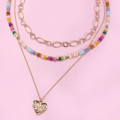 JOSSLYN Multi Layered Beaded Heart Necklace-1