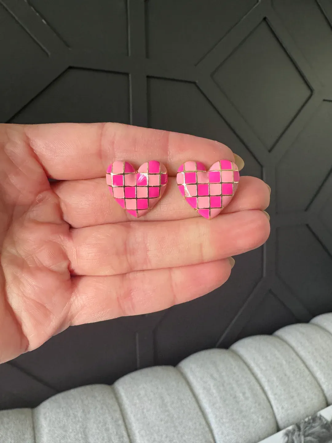 Pink Check Heart Earrings
