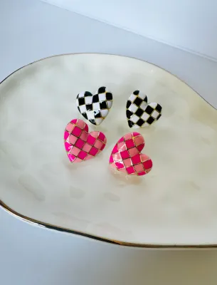 Pink Check Heart Earrings