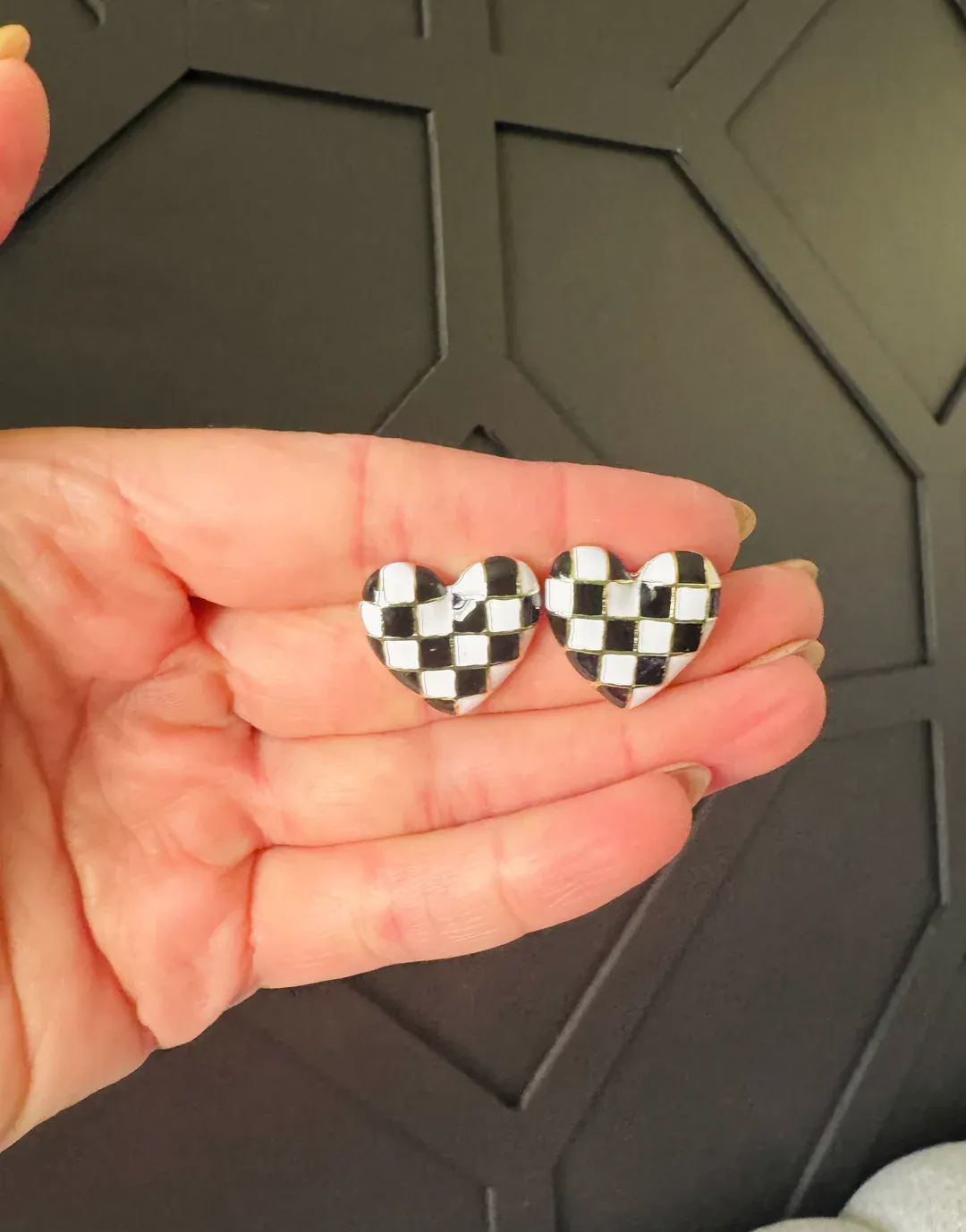 Black &amp; White Check Heart Earrings