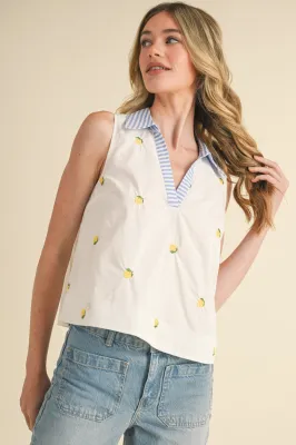 &amp;MERCI Embroidered Lemon Top