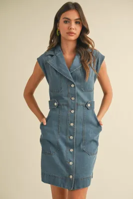 Nolan Collar Cap Sleeve Denim Dress