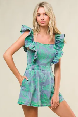 FLYING TOMATO Zoe Washed Print Denim Romper