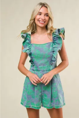 FLYING TOMATO Zoe Washed Print Denim Romper