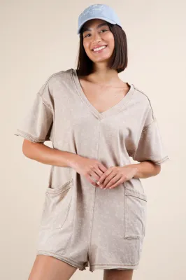 VERY J Mineral Wash Oversized Romper-Taupe