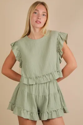 VERY J Raya Ruffle Short Set-Sage